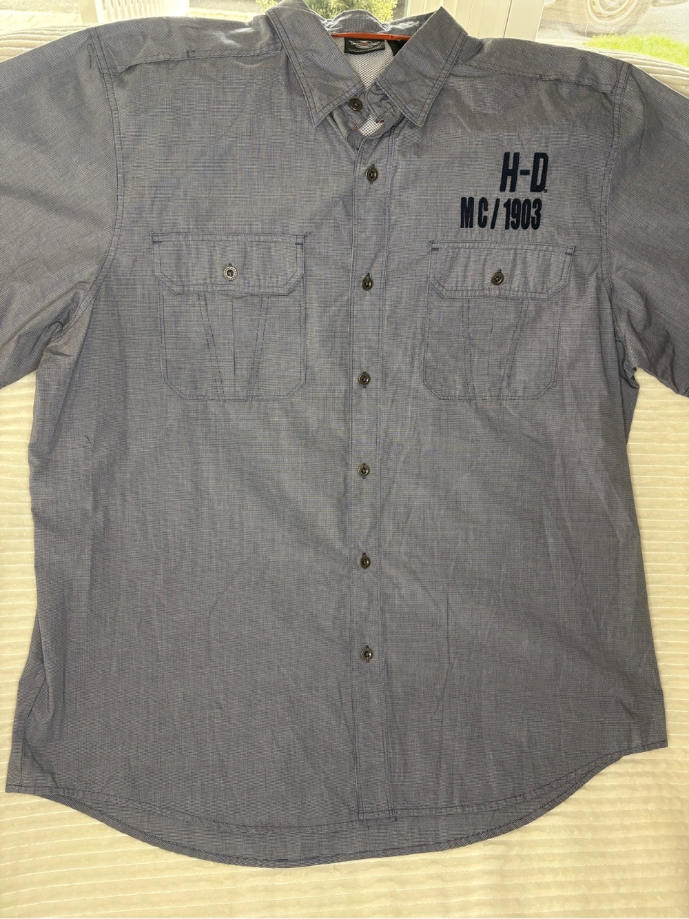 Harley Davidson Shirt Mens 2XL Grey Micro Houndstooth Button Up Racing Patch